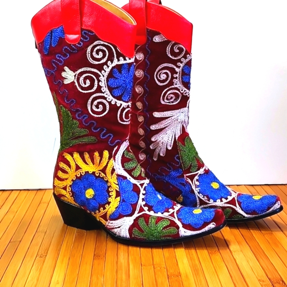 Turkish Sole Womens Back Zip Embroirered Red Velvet Leather Lined Cowboy Boots - Picture 2 of 12